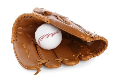 Beyazda top olan deri beyzbol eldiveni.