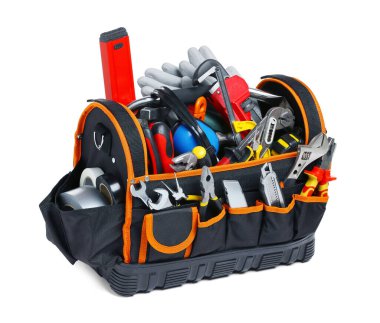 Bag with different tools isolated on white
