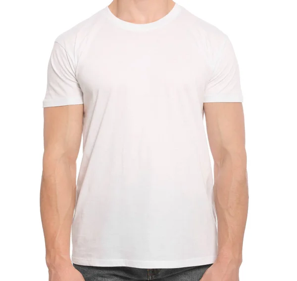 Man Wearing Blank Shirt White Background Closeup Mockup Design — Foto Stock