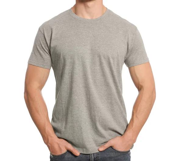 Man Wearing Grey Shirt White Background Closeup Mockup Design — Foto Stock