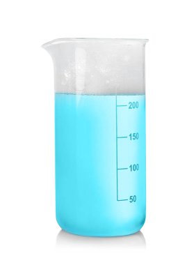 Laboratory beaker with colorful liquid isolated on white. Chemical reaction