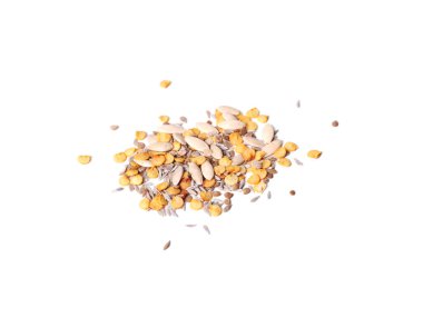 Pile of different vegetable seeds on white background