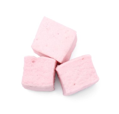Delicious sweet puffy marshmallows on white background, top view