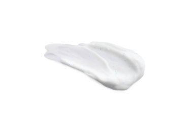 Sample of facial cream isolated on white, top view