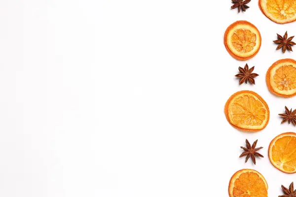 Dry Orange Slices Anise Stars White Background Flat Lay Space — Fotografia de Stock