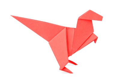 Origami art. Handmade red paper dinosaur on white background clipart