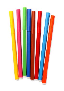 Many bright markers isolated on white, top view