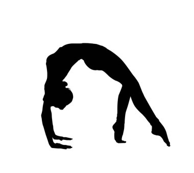 Silhouette of professional gymnast exercising on white background