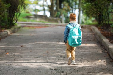 Little boy with backpack going to school, back view