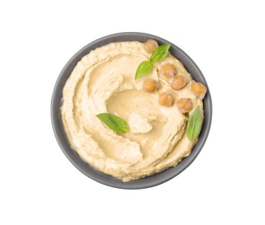 Bowl of delicious hummus with chickpeas isolated on white, top view