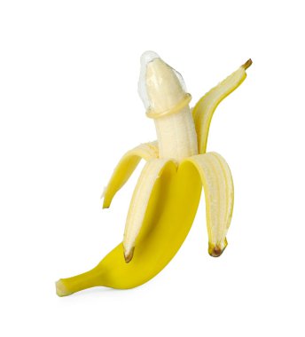 Banana with condom isolated on white. Safe sex concept