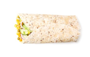 Delicious hummus wrap with vegetables isolated on white, top view