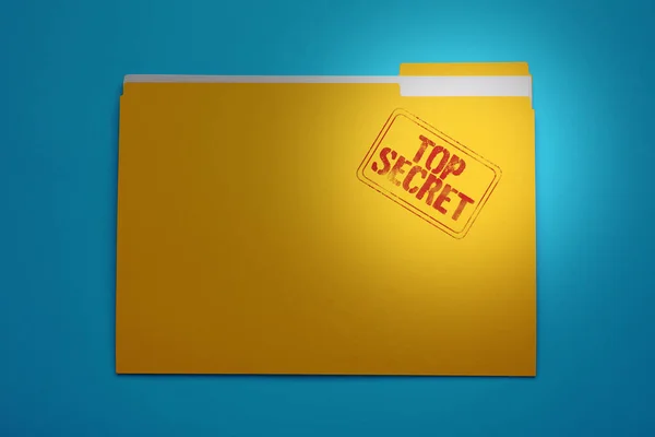 Yellow file with documents and Top Secret stamp on light blue background, top view