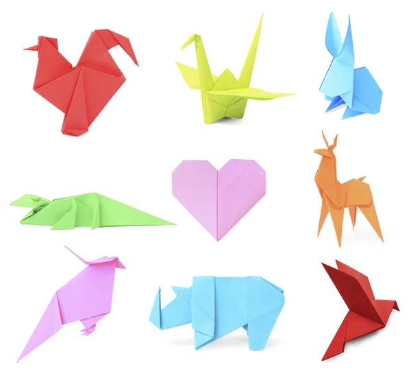 Collage Met Veel Verschillende Papieren Figuren Witte Achtergrond Origami Kunst — Stockfoto