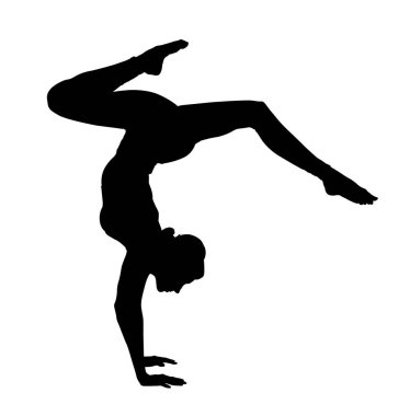 Silhouette of professional gymnast exercising on white background