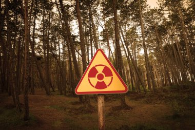 Radioactive pollution. Yellow warning sign with hazard symbol near contaminated area in forest