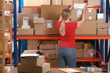 Post office worker taking parcel from rack indoors, back view