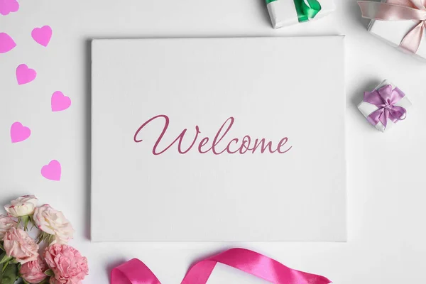 Welcome Card Canvas Word Gift Boxes Beautiful Roses Pink Hearts — Stock Photo, Image