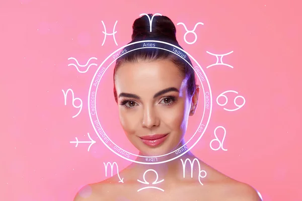 Beautiful young woman and zodiac wheel illustration on pink background