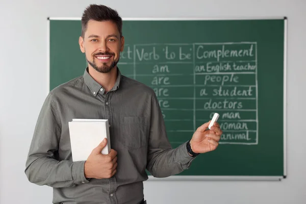 Happy teacher with book explaining English at blackboard in classroom