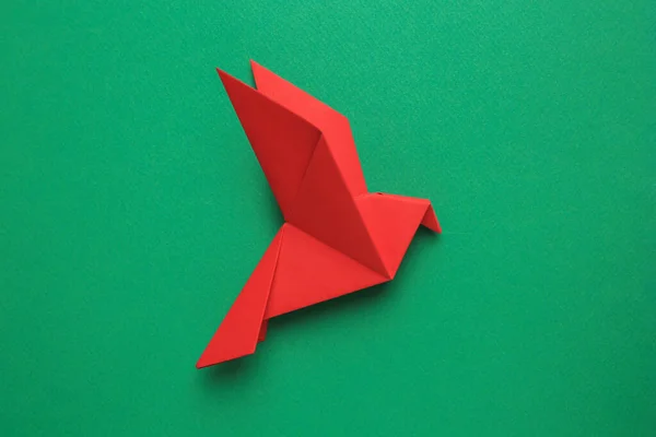 Beautiful red origami bird on green background, top view
