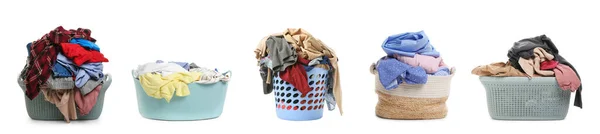 stock image Set with different laundry baskets full of clothes on white background