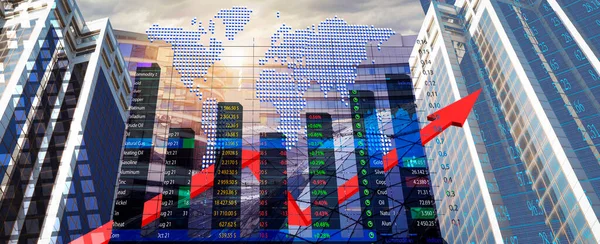 Stock exchange concept. Modern buildings, world map, data and arrow, multiple exposure. Banner design