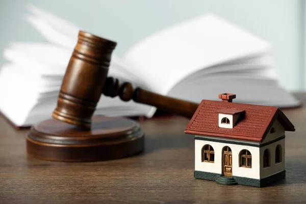 Construction Land Law Concepts Judge Gavel Open Book House Model — kuvapankkivalokuva