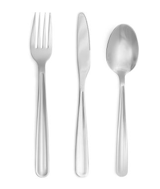 Shiny silver cutlery set on white background, top view