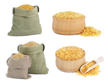 Collage with bags and wooden bowls of uncooked bulgur on white background