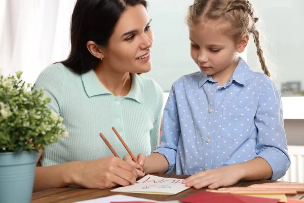 Cute Little Girl Her Mother Making Beautiful Greeting Card Home — Stockfoto