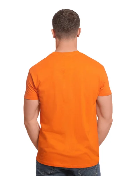 Uomo Che Indossa Una Shirt Arancione Sfondo Bianco Vista Posteriore — Foto Stock