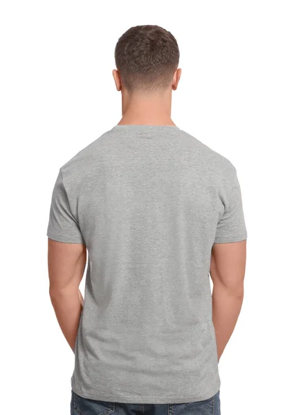 Uomo Shirt Grigia Sfondo Bianco Vista Posteriore Mockup Design — Foto Stock