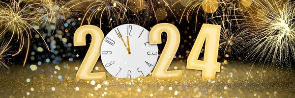Counting last moments to New Year. Greeting card with numbers 2024 with clock instead of zero on festive background, banner design