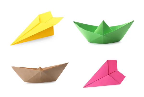 Collage with many different paper planes and boats on white background. Origami art