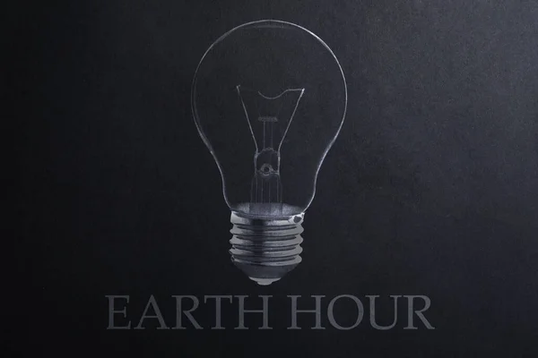 Earth hour concept. Drawing of light bulb on black paper