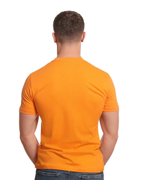 Man Wearing Orange Shirt White Background Back View Mockup Design — Foto Stock