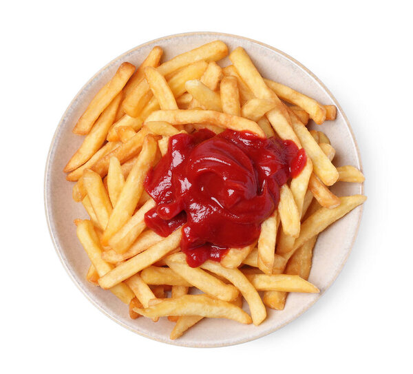 Bowl of tasty french fries with ketchup isolated on white, top view