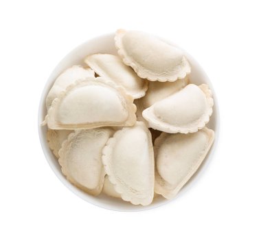 Raw dumplings (varenyky) on white background, top view