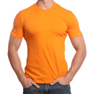 Man wearing orange t-shirt on white background, closeup. Mockup for design