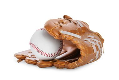 Beyazda top olan deri beyzbol eldiveni.