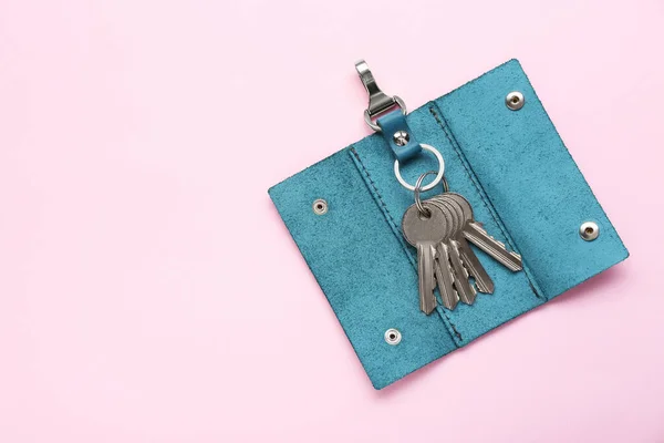 Leather ring holder with keys on pink background, top view. Space for text