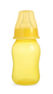Empty yellow feeding bottle for infant formula isolated on white