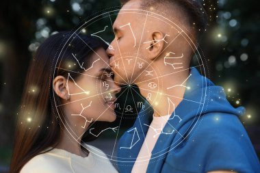 Horoscope compatibility. Loving couple outdoors and zodiac wheel