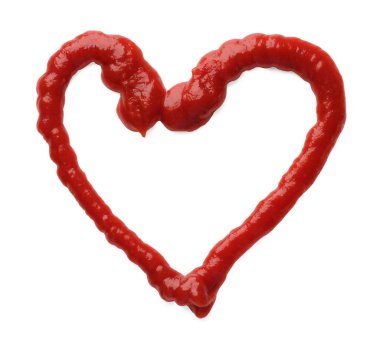 Heart shaped frame made of tasty ketchup on white background, top view. Space for text