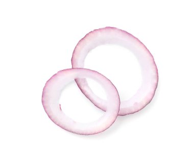 Fresh rings of red onion isolated on white, top view