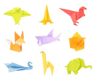 Collage with many different paper figures on white background. Origami art