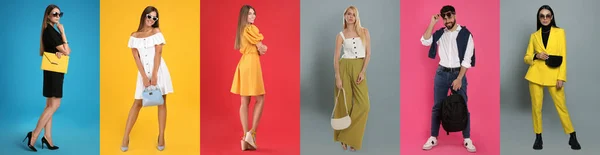 異なる色の背景に流行の服を着て人々の写真とコラージュ — ストック写真