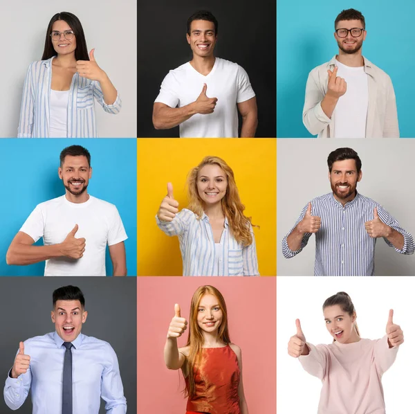 Collage Photos People Showing Thumbs Different Color Backgrounds — Stockfoto