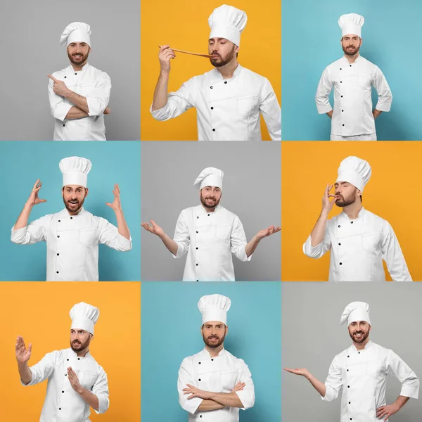 Chef in uniform on different color backgrounds, collage design